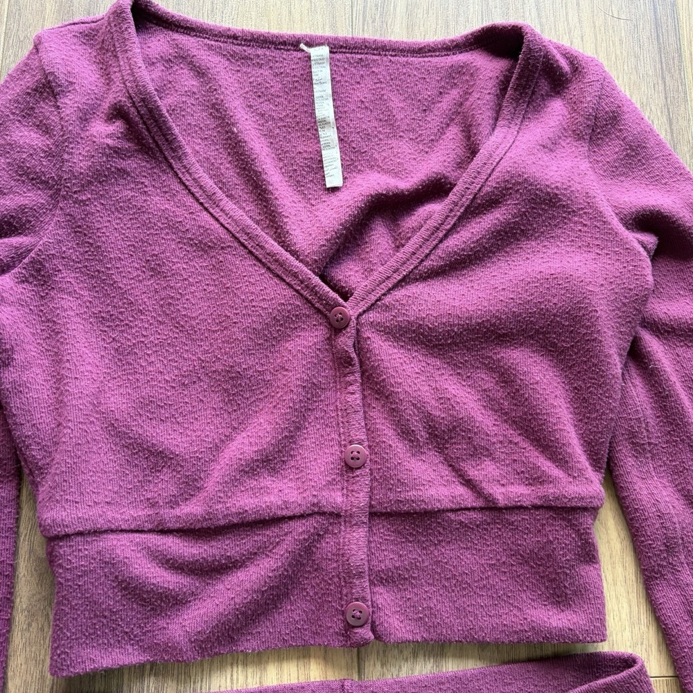 ALO YOGA Alolux Set Cardigan & Biker High Waist Me Time Women Small Burgundy - Picture 5 of 8